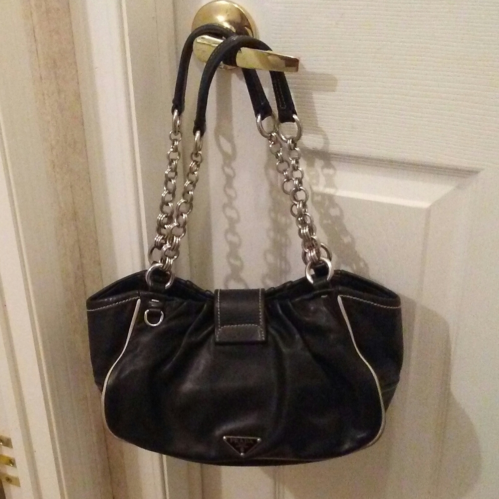Vintage Authentic Prada Black Leather 2 Handle Chain Shoulder Bag.